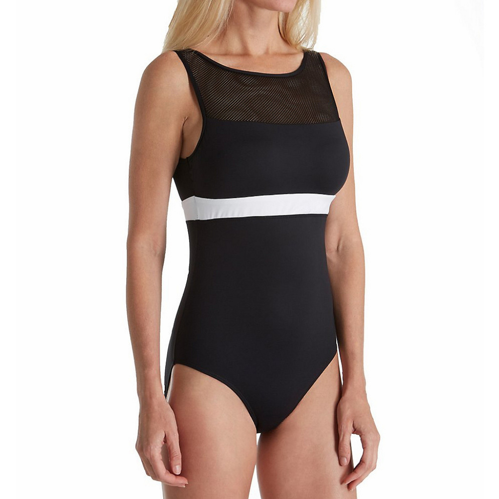 Mesh Color Block High Neck Logo Swimsuit 14